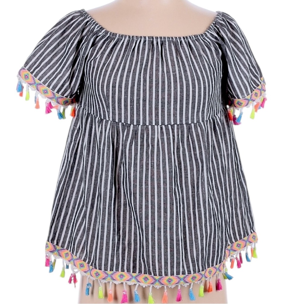 Multicolored Embroidered Top With Vibrant Neon Tassel Tie Pom Poms
